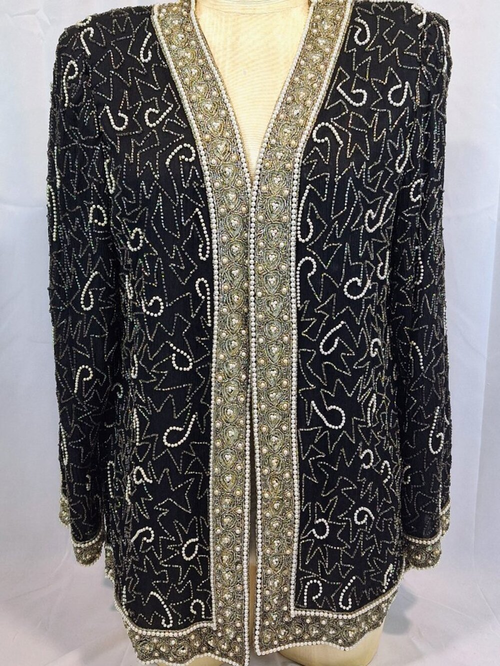 Laurence Kazar NY Vintage Black and Silver Silk Beaded Evening Jacket Sz XXL